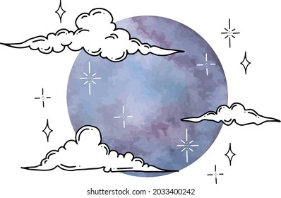 Vector graphics of clouds and stars with watercolor moon. Isolated vector illustration character set.