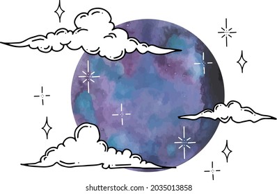 Vector graphics of clouds and stars with watercolor moon. Isolated vector illustration character set.