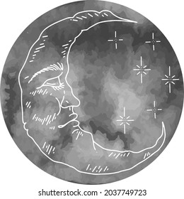 Vector graphics of clouds and stars with watercolor moon. Isolated vector illustration character set. graphic Crescent with face, hand drawn in engraving style. astrology, alchemy and magic symbol.