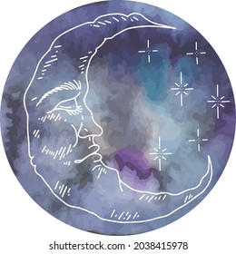 Vector graphics of clouds and stars with watercolor moon. Isolated vector illustration character set. graphic Crescent with face, hand drawn in engraving style. astrology, alchemy and magic symbol.
