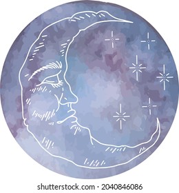 Vector graphics of clouds and stars with watercolor moon. Isolated vector illustration character set. graphic Crescent with face, hand drawn in engraving style. astrology, alchemy and magic symbol.