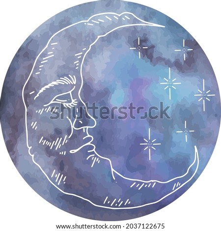 Vector graphics of clouds and stars with watercolor moon. Isolated vector illustration character set. graphic Crescent with face, hand drawn in engraving style. astrology, alchemy and magic symbol.