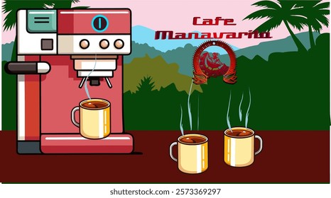vector graphics, coffee, cups, coffee machine, jungle, inscription, advertising, dawn, design, retro