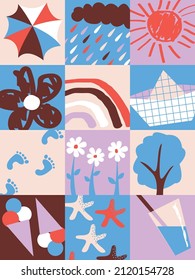 Vector graphics - collage with square compositions and summer attributes - flowers, rainbows, ice cream, the sun of trendy blue colors. Concept - beach holidays and vacations