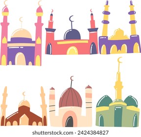 Vector graphics from a collection of hand drawn mosque models with seamless patterns, perfect for your design needs