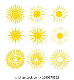  Gráficos vectoriales. Colección de símbolos del sol. Conjunto de vectores de iconos. Signos de luz solar. Previsión del tiempo. Objeto aislado en un fondo blanco. EPS 10