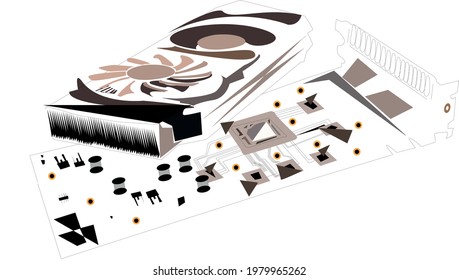 Vector graphics. components of a personal desktop computer. The disassembled board video card with a cooler is located on the desktop PC case. Cooling coolers on the graphics card of a desktop compute