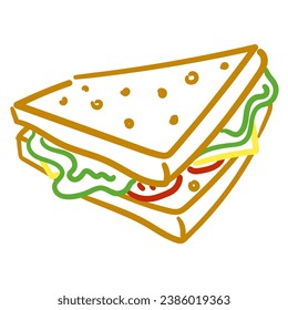 Vector graphics with a contoured sandwich on a white background. Flat linear design. Design of leaflets, postcards, flyers, cafes, restaurants. Flat food illustration. Sandwich