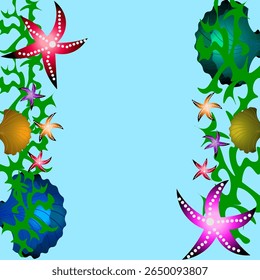 Vector graphics. Corals, starfish and shells on a blue background.
