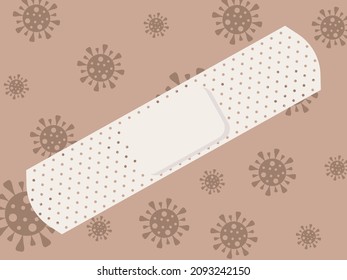 Vector graphics - coronavirus molecules are sealed with a white bactericidal patch on a beige background and space for copying. Concept - fighting the covid-19 pandemic