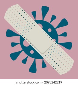 Vector graphics - coronavirus molecules are sealed with a white bactericidal patch on a beige background and space for copying. Concept - fighting the covid-19 pandemic