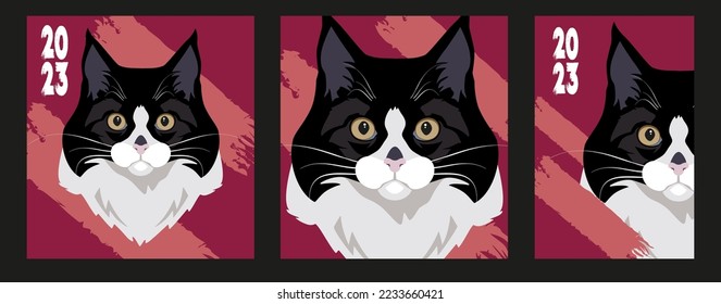 Vector graphics. Crimson shades. The image of the cat in different versions. The year of the cat. New Year. A holiday for the family.