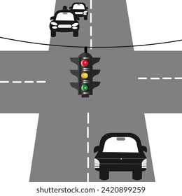 Gráficos vectoriales. Cruce de dos carreteras, semáforos y coches.