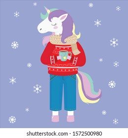Vector graphics. Cute, adorable illustration of unicorn with tea cup. Funny character. Flat cartoon illustration. Winter cozy illustration. 