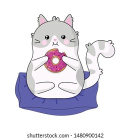 Vector graphics. Cute, beautiful, cartoon illustration of a cat, which eats a donut. White background. Isolated illustration. 