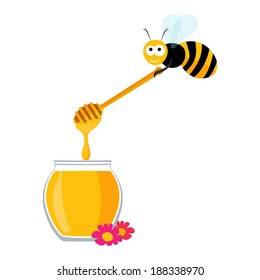 Vector graphics with a cute bee carrying a wooden honey spoon and a jar of honey