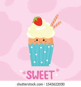 Vector graphics. Cute, bright illustration of cupcake. Handwritten text. Kawaii emoticons. Flat cartoon illustration.  