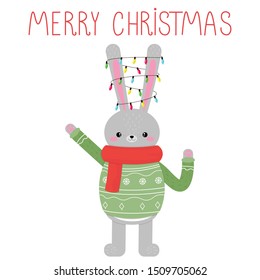 Vector graphics. Cute cartoon bunny illustration. Christmas character. Handwritten text. Christmas adorable greeting card. 