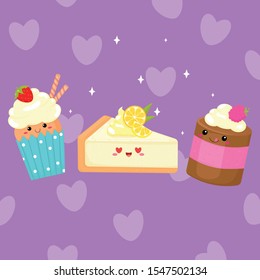 Vector graphics. Cute, colorful set of cupcake, cake, cheesecake. Funny characters with kawaii emoticons. Flat cartoon illustration. 