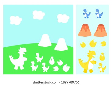 Vector graphics. Cute dinosaurs with kids, near volcanoes, on green grass. Stickers. Printout for preschoolers. Puzzle, occupation, riddle, logic game for the development of intelligence.