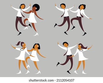 Vector graphics - Cute diverse dancing couples in wedding dresses - lesbians, homosexuals, man with woman and interracial relationships. Concept - freedom of expression
