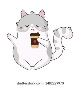 Vector graphics. Cute, funny, beautiful cat with a coffee cup. Kawaii emotions. Isolated illustration. White background. 