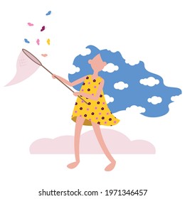 Vector graphics - cute girl with lush long hair - blue sky with clouds, in a floral dress with a net and fluttering butterflies. Concept - summer vacation