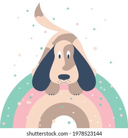 Vector graphics - cute puppy with spots and big ears on a rainbow of trendy colors. Concept greeting card