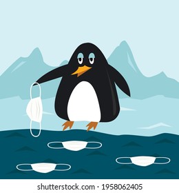 Vector graphics - a cute sad penguin stands on the shore of the South Pole and holds a used medical mask raised from the water. Concept - consequences of the pandemic and environmental pollution