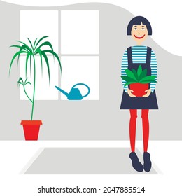 Vector graphics - a cute smiling girl holds a room flower in her hands in a living room with a window and a space for copying. Concept-growing and caring for domestic plants