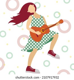 Vector graphics - Cute teenage girl with long hair in a polka dot dress and sneakers happily playing guitar isolated. Concept hobby and music