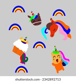 Vector graphics of cute unicorn cartoon character and design elements set. Vector print. Unicorns and magic. This vector is perfect for backgrounds, templates, kids invitation cards, banners, etc.