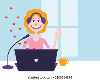 Vector graphics - a cute young woman wearing headphones smiles and waves her hand in front of a laptop and likes hearts and copy space. Concept stream and podcast recording