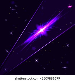 Vector graphics. Dark night sky with bright flash and many stars.