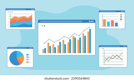 Vector graphics of data charts. Graphs are found on web page tiles. Illustration in flat design style. Pie chart, line chart and others.