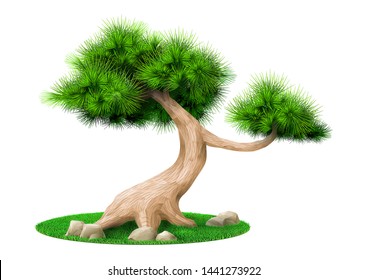 Vector graphics. Decorative bonsai tree pine isolated. Landscape Japanese eco design