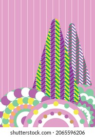 Gráficos vectoriales - decorativos árboles de navidad estilizados brillantes sobre nevadas ornamentales contra un cielo rayado rosa y espacio para copiar. Tarjeta de Navidad conceptual