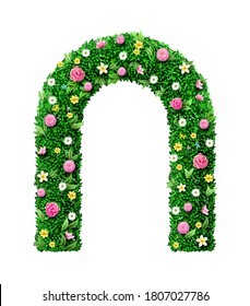 Vector graphics. Decorative green wedding arch made of flowers. Garden architecture. Entrance to the park or gate, wicket