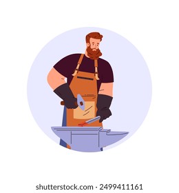 Vector graphics depicting a blacksmith working with a hammer with hot metal on a steel anvil on a white background. Medieval metalworking and craftsmanship