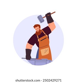 Vector graphics depicting a blacksmith working with a large hammer with hot metal on a steel anvil. The icon perfectly reflects the skill in blacksmithing