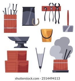 Vector graphics depicting blacksmithing tools: anvil, bellows, pliers, hammer and sledgehammer on a white background for demonstrating mastery in heavy industry.