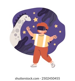 Vector graphics depicting a boy playing with virtual reality glasses in a virtual world with dinosaurs. . A small child in the world of cyberspace.