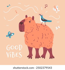 Vector graphics depicting a capybara in a kawaii style, with a bird sitting on its back, butterflies flying around. Charming image of a friendly mammal