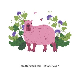 Vector graphics depicting a capybara in a kawaii style, which stands quietly surrounded by flowers and butterflies. A charming image of a herbivorous mammal