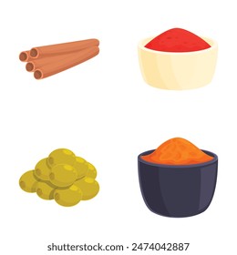 Vector graphics depicting cinnamon sticks, paprika, olives, and curry powder