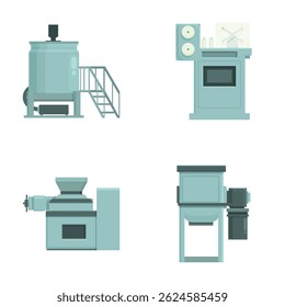 Vector graphics depicting a collection of four industrial kitchen appliances in a flat design style