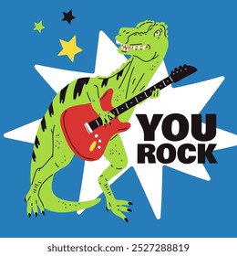 Gráficos vetoriais representando um entusiasta músico de rock T. Rex, que toca baixo. Desenho animado em um fundo azul com estrelas brilhantes.