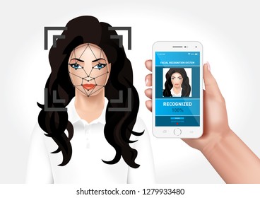 Vector graphics depicting the face recognition system integrated with the smarfon mobile application. Identification of a woman's face.