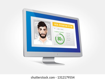 Vector graphics depicting the facial recognition system integrated on the monitor. Identification of the male face.