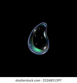 Vector graphics depicting a pear-shaped soap bubble on a black background. A shiny bubble filled with multicolored liquid for use in abstract design projects.